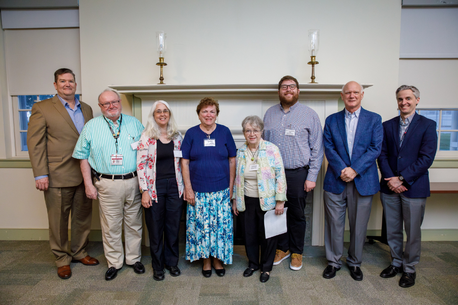 (From left) James Hazlett, MSN, RN, NE-BC; James Fitzgerald; Robin Gross and Lee Gibson of Memorial Presbyterian Church of Fox Chase – Food for Hope Food Pantry; Elly Reinhardt; Rev. Timothy Wotring, Pastor, Memorial Presbyterian Church of Fox Chase – Food for Hope Food Pantry; Martin Ogletree; and Michael McCormick.